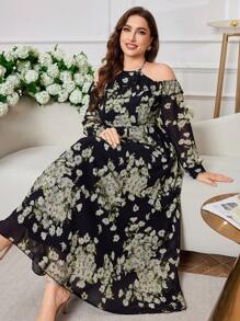 Modelyn Plus Size Women Chiffon Floral Elegant Romantic Long Off-Shoulder Dress - Black - View 1