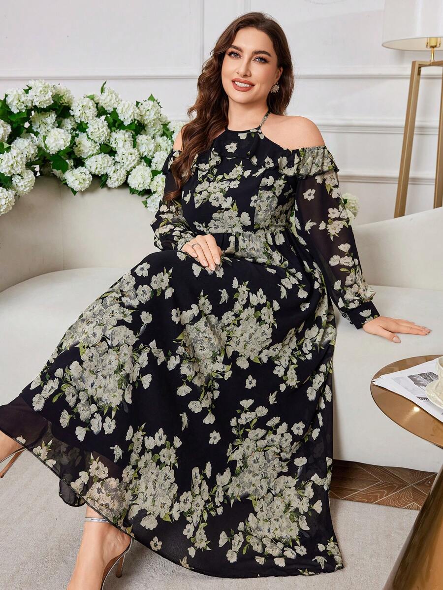 Modelyn Plus Size Women Chiffon Floral Elegant Romantic Long Off-Shoulder Dress - Black - View 1