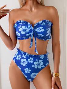 SHEIN Swim 2pcs/Set Ditsy Floral Ruffled Bandeau Bikini Set, Beach/Summer Wear - Multicolor - View 1