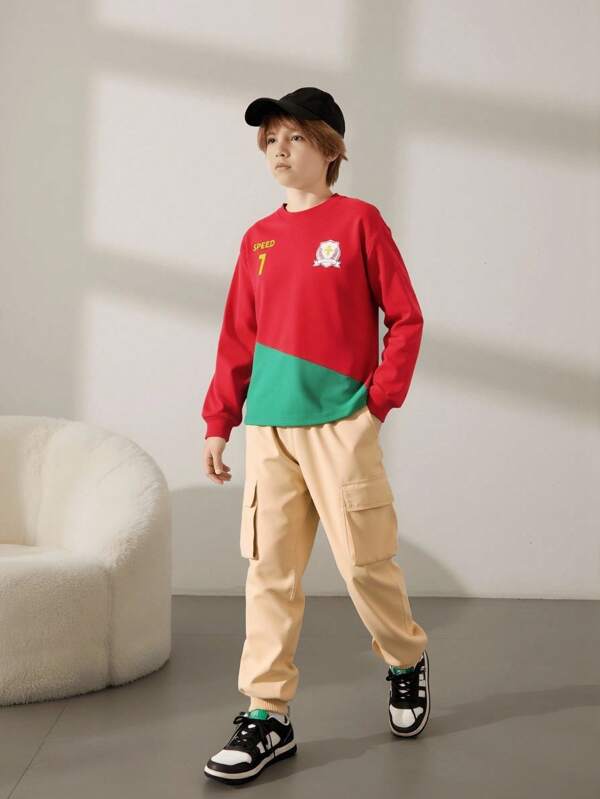 Explorewe Tween Boy Casual Contrast Color Patched Badge Print Long Sleeve T-Shirt