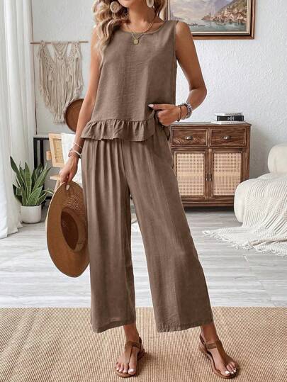 Breezaya 2pcs/Set Sleeveless Top With Ruffle Hem & Linen Pants, Summer