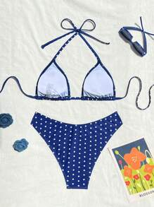 Swim Mod 2026 Spring/Summer Women's Spaghetti Strap Halter Navy Blue Base White Polka Dot Random Print Sweet Cute Side High Cut Bikini Swimsuit 2-Piece Set - Blue and White - View 4