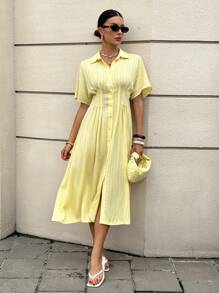 Siren Gaze Butter Yellow Summer Elegant Tea Party Dress For Women,Business Casual Button Front Shirt Dress,Lemon Mid-Length Vacation Birthday Midi Dress - Light Yellow - View 5