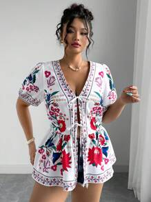SHEIN CURVE+ 夏季加大码印花扭纹V领短袖衬衫 - 彩色 - 查看 3