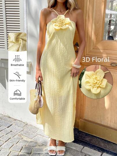 SHEIN LUNE Plus Size Women Solid Color 3D Floral Decor Elegant Halter Neck Dress  Yellow Dress Comfortable And Versatile