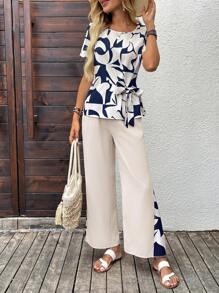 SHEIN LUNE 女士两件套夏季服装 女士优雅上衣 女士乡村音乐会服装 工作服 女士办公室服装 女士休闲套装 度假两件套 2 件夏季服装 女士教师服装 宽松裤 - 彩色 - 查看 3