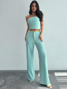 Firerie Ladies New Casual Elegant 2 Pieces Set Petal-Shaped Three-Dimensional Slim-Fitting Top And Straight Wide-Leg Pants, Aqua Green/Fruit Green Two Pieces Casual Vacation Suit/Vacay Outfits Women /Birthday Outfits/Festival Clothing/Beach Vacation Outfits/Vacation Two Pieces Set /Airport Outfit For Women/Teacher Outfits For Women/Daily Casual Commuting Wear/Office Wear/Business Negotiations