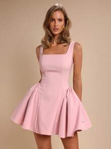 COSMINA 女式纯色简约无袖迷你连衣裙，休闲日常穿着 - 粉色 - 查看 4