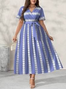 Lacomfia Elegantes Damen Große Größen Lässig Kleid mit Floral- und Streifenmuster, V-Ausschnitt und Kurzarm