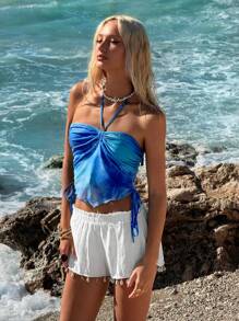 SHEIN ICON 女士波西米亚风海滩外出白色西部休闲海滩度假贝壳流苏短裤 - 白色 - 查看 5