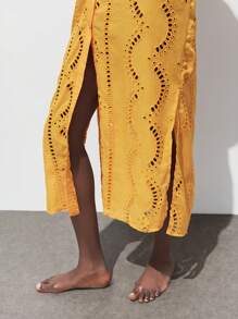 Maija 女士刺绣镂空翻领长袖长裙，度假风夏威夷时尚，适合夏秋季 - 黃色 - 查看 8