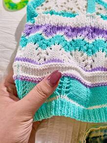 Skyraze Women's Casual Colorblock Wavy Striped Knit Sweater - Green - View 4