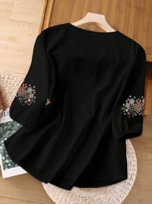 Linhara Blusa versátil de talla grande bordada de forma elaborada para mujeres - Negro - Ver 2