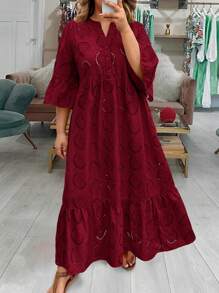 SHEIN LUNE 加大码连衣裙情人节红色连衣裙女士长裙夏季连衣裙夏季波西米亚风复古款 - 酒紅色 - 查看 1