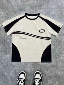 SHEIN Tween Boys' Casual Minimalist Sports Print Short Sleeve Round Neck T-Shirt, Suitable For Summer