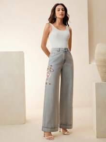 Anewsta Women's New Elegant High-End Valentine's Day Delicate Embroidered Blue Straight-Leg Jeans - Blue - View 7