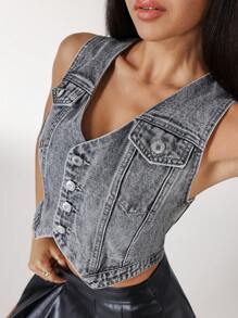 SHEIN EZwear Relaxed Wash Front Button Sleeveless Denim Jacket - Grey - View 6
