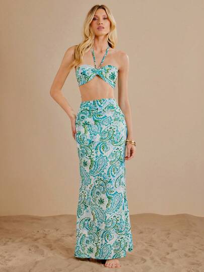 L'Amorae 佩斯利亚麻印花超长夏季半身裙伊比沙岛度假装海滩度假装