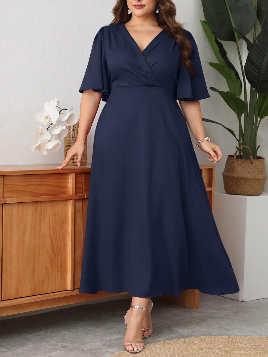 Modelyn Vestido de línea A de manga abullonada con cuello en V, elegante y romántico, talla grande para primavera/verano - Azul Marino - Ver 1
