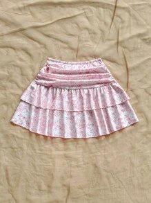 Soleia Spring & Summer Holiday Floral Print High Waisted Layered Ruffles Mini Skirt, Suitable For Backyard Garden, Date, Afternoon Tea, Vacation, Music Festival, Boho - Pink - View 2