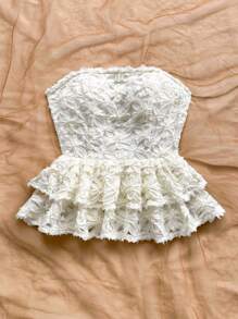 Soleia 全新露肩露背荷叶边装饰蓝色度假印花修身上衣 - 白色 - 查看 4