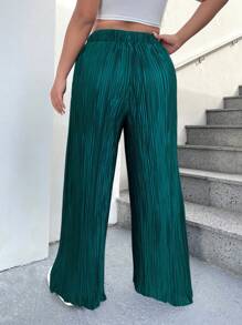 SHEIN EZwear Plus Size Solid Color Pocketed Twist Loose Wide Leg Pants Plus Size Pleated Pants - Teal Blue - View 2
