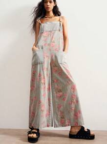 Bohemela 复古乡村风格休闲梭织牛仔布拼布玫瑰印花宽松阔腿女式连体裤 - 藍色 - 查看 2