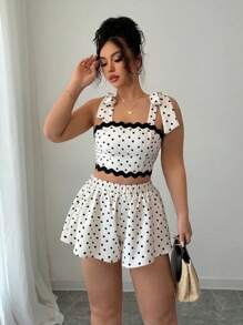INAWLY Ensemble 2 pièces nouvelle collection été, Top court à volants à imprimé pois élégant à nœud papillon, plus pantalon ample à taille élastique pour femmes grande taille