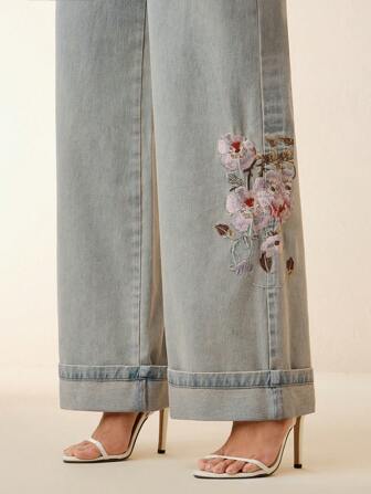 Anewsta Women's New Elegant High-End Valentine's Day Delicate Embroidered Blue Straight-Leg Jeans