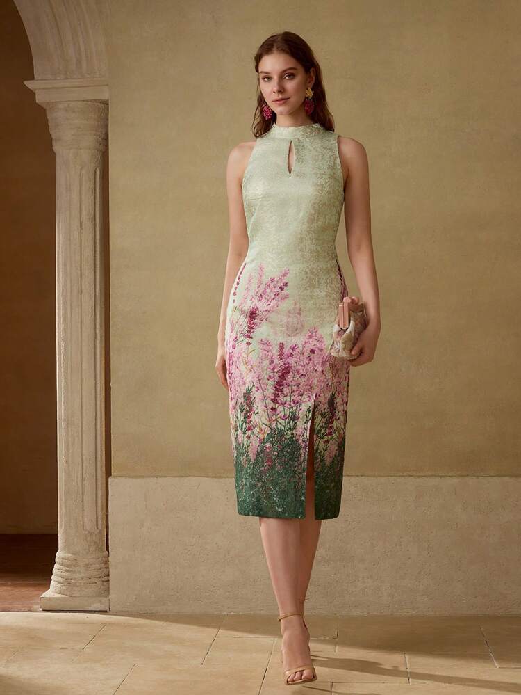 JACQUARD FLORAL PRINT KEYHOLE NECK SPLIT THIGH SLIM FIT DRESS