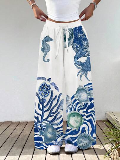 Selamara Pantalones de estilo bohemio sencillo para mujeres con estampados de peces, tortugas y conchas marinas, estilo de playa de verano