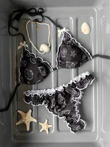 Comfortcana Women's Summer Beach Wear Shell Print Halter Bikini Set, Suitable For Holiday Wear - Black - View 1