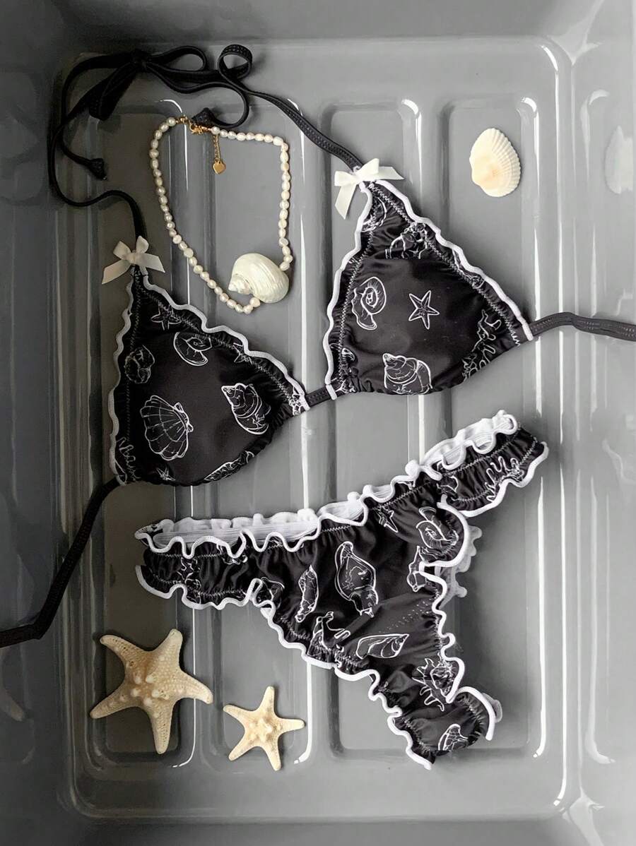 Comfortcana Women's Summer Beach Wear Shell Print Halter Bikini Set, Suitable For Holiday Wear - Black - View 1