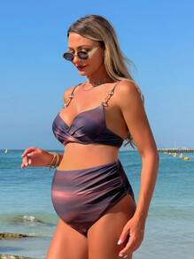SHEIN 孕妇拼色金属链细肩带比基尼套装 - 白色 - 查看 3