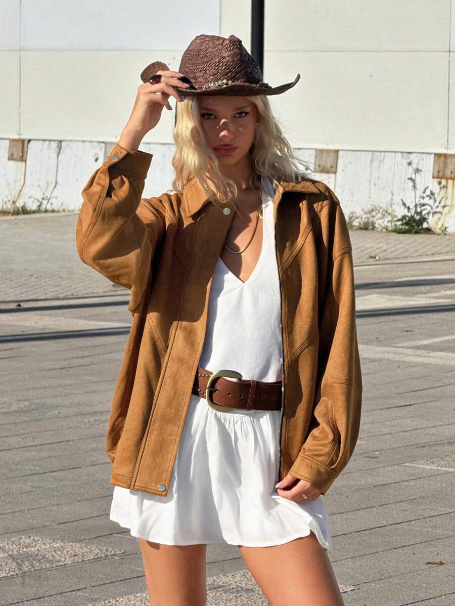 SHEIN ICON Chaqueta de motorista vintage para mujer, abrigo bomber de motocicleta de corte holgado