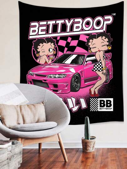Betty Boop | ROMWE 1pc Letter & Cartoon Pattern Polyester Tapestry, Suitable For Daily Home Decor In Living Room, Bedroom, Camping, All Seasons