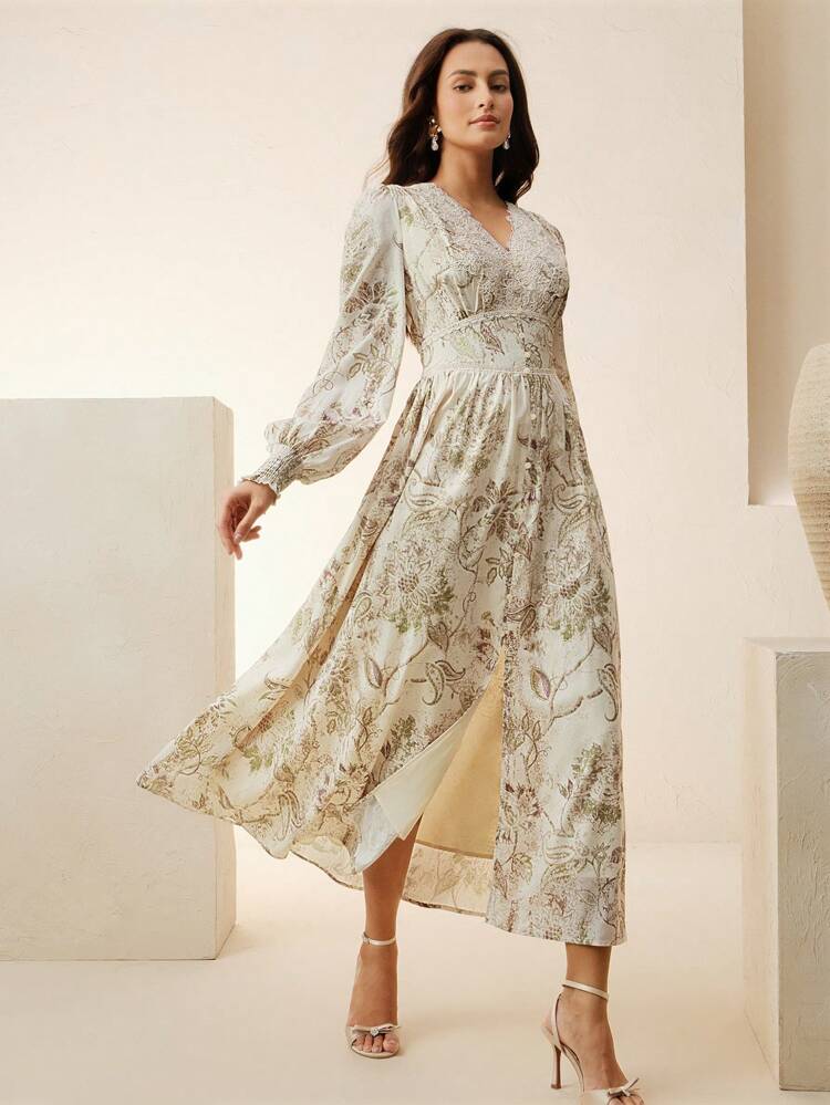 New Arrival Spring V-Neck Long Sleeve Ditsy Floral Bohemian Style Maxi Dress For Women