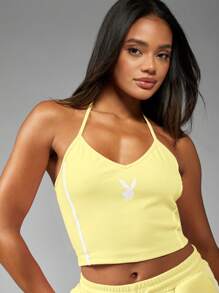 Missguided x Playboy 露背背心 工字背 短款上衣 透气 夏季系列 - 黃色 - 查看 4