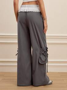 SHEIN MOD Pantalones elegantes con ribete de encaje en contraste gris - Gris - Ver 3