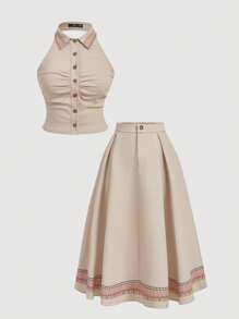 SHEIN MOD Plus Size 2 Pieces Set:Beige,Summer,1950s Vintage,Vacation,Holiday Collared Vest&Ruffle Hem Skirt,Waist-Hugging Top,Folk Printed A-Line Nomadic Suit - Khaki - View 2
