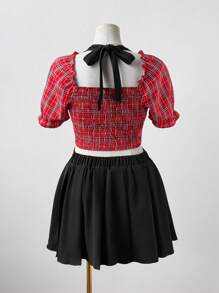 Flirla Camisa con estampado de cuadros al estilo rave combinada con vestido corto plisado - Multicolor - Ver 3