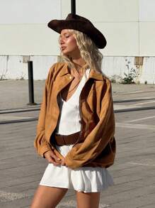 SHEIN ICON Chaqueta de motorista vintage para mujer, abrigo bomber de motocicleta de corte holgado - Marrón - Ver 6