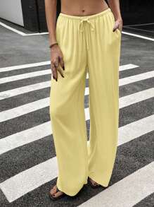 Siren Gaze Women's Linen Low-Waist Straight Leg Casual Pants, Suitable For Leisure & Holiday Summer - Yellow - View 4