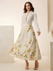 Anewsta Elegant & Chic Lemon Print Flared Skirt, Suitable For Beach Vacation - Multicolor - View 4