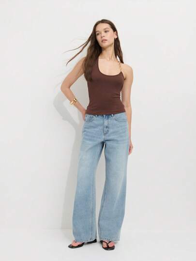 Nöista Fitted Asymmetric Silhouette Smooth Stretch-Knit Fabric Asymmetric Neckline With Chain Strap; Lightweight Breathable Top; Perfect Beach For Women, Airport For Women, Casual Pride Celebration Looks; Versatile Summer Essential.