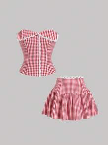 Sweetra Set de 2 piezas: Top bandeau con estampado de cuadros y encaje, y falda de talle alto - Rojo - Ver 1