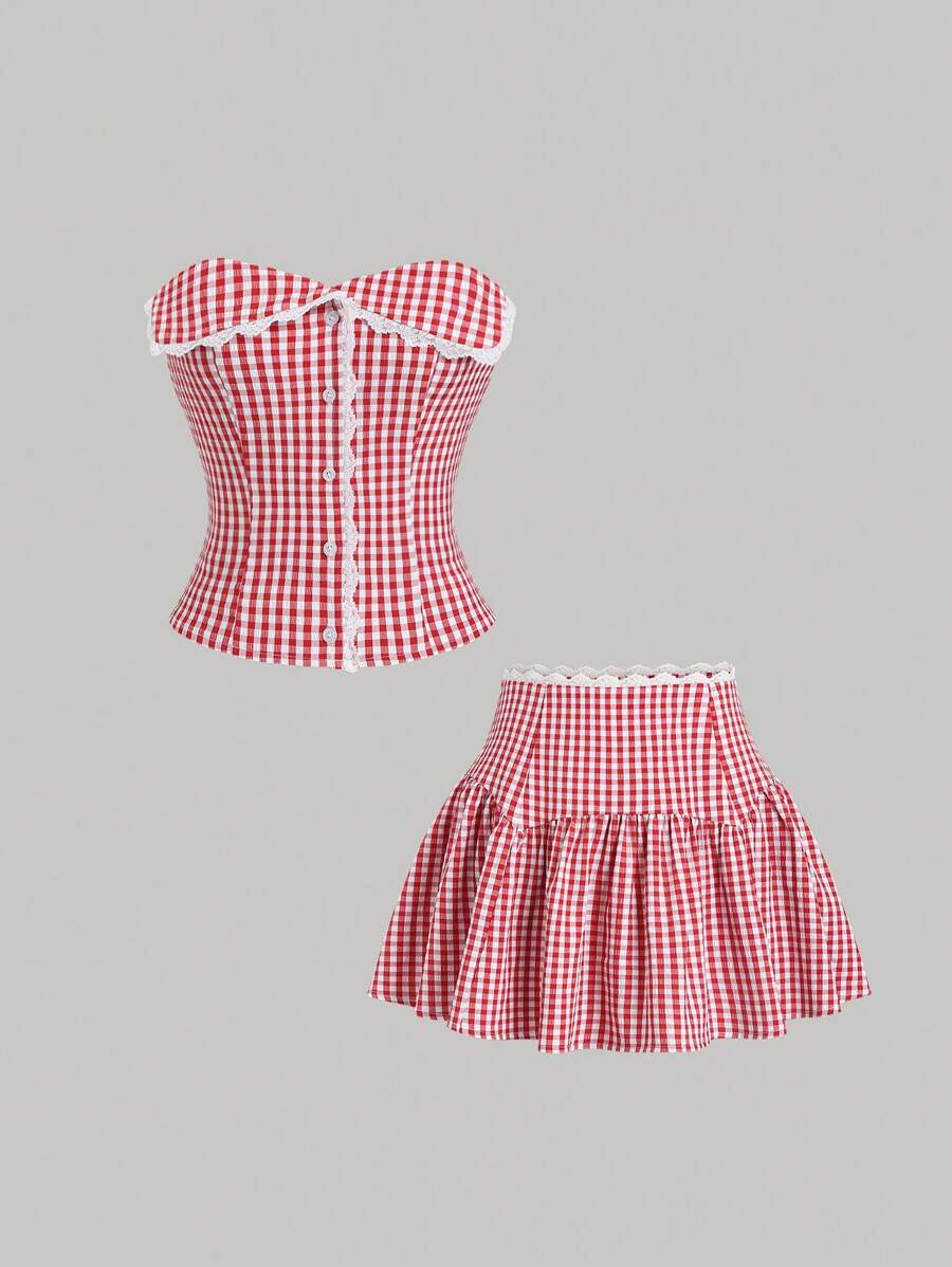 Sweetra Set de 2 piezas: Top bandeau con estampado de cuadros y encaje, y falda de talle alto - Rojo - Ver 1