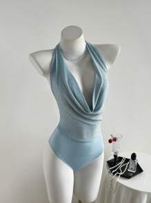 Franclia Women's Mint Green Elegant Draped Neck Backless Bodysuit, Suitable For Summer Vacation - Blue - View 1
