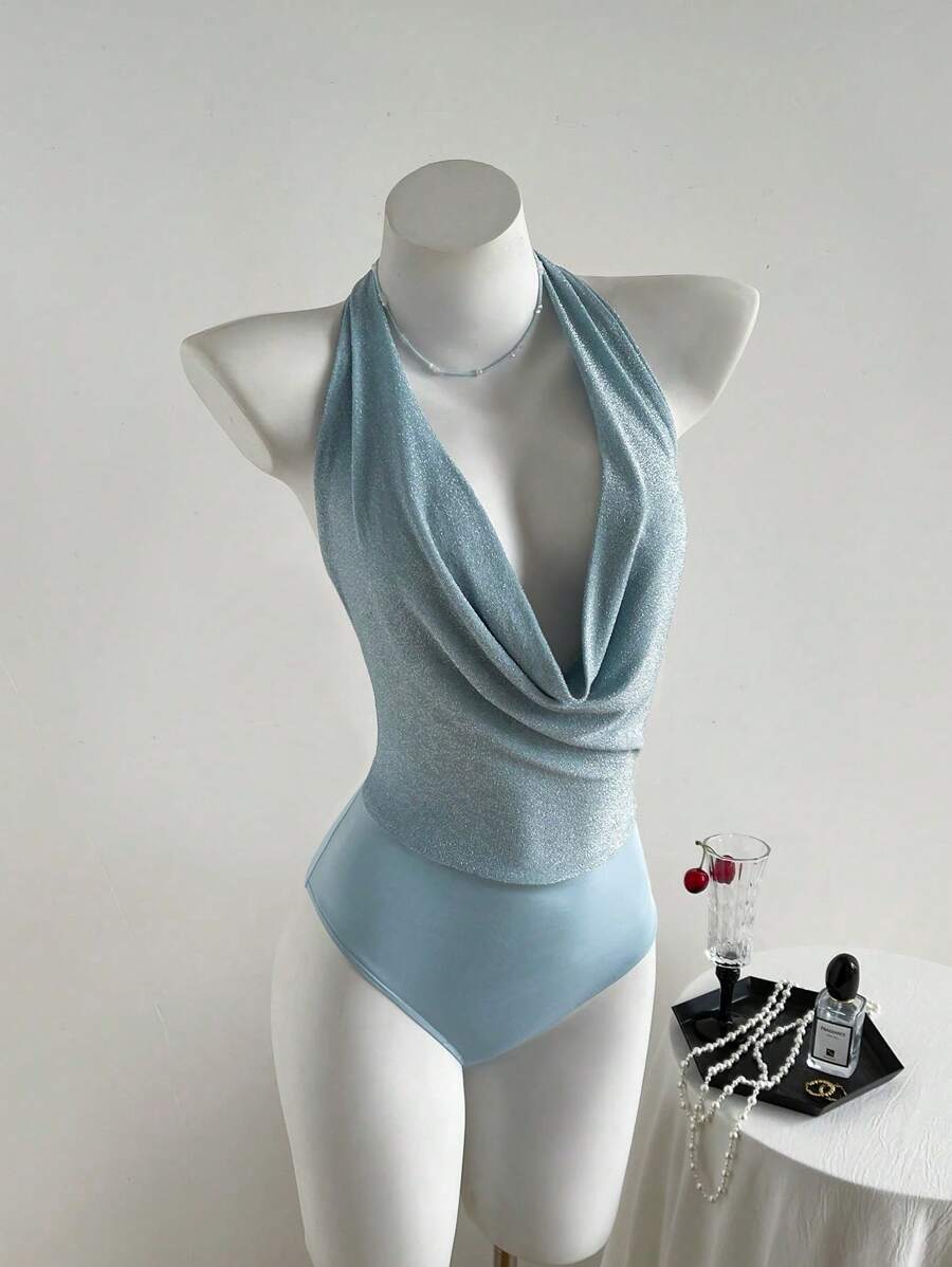 Franclia Women's Mint Green Elegant Draped Neck Backless Bodysuit, Suitable For Summer Vacation - Blue - View 1