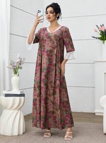 SHEIN Najma Al Najma 女士花卉印花蕾丝拼布长袍，阿拉伯风格，夏季穿着 - 彩色 - 查看 5